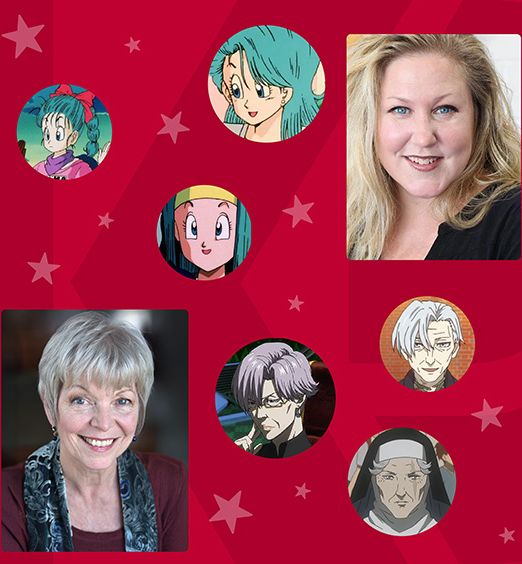 Portrait photos of Linda Leonard and Tiffany Vollmer plus several cartoon character faces scattered around all on a red background with small faint white stars