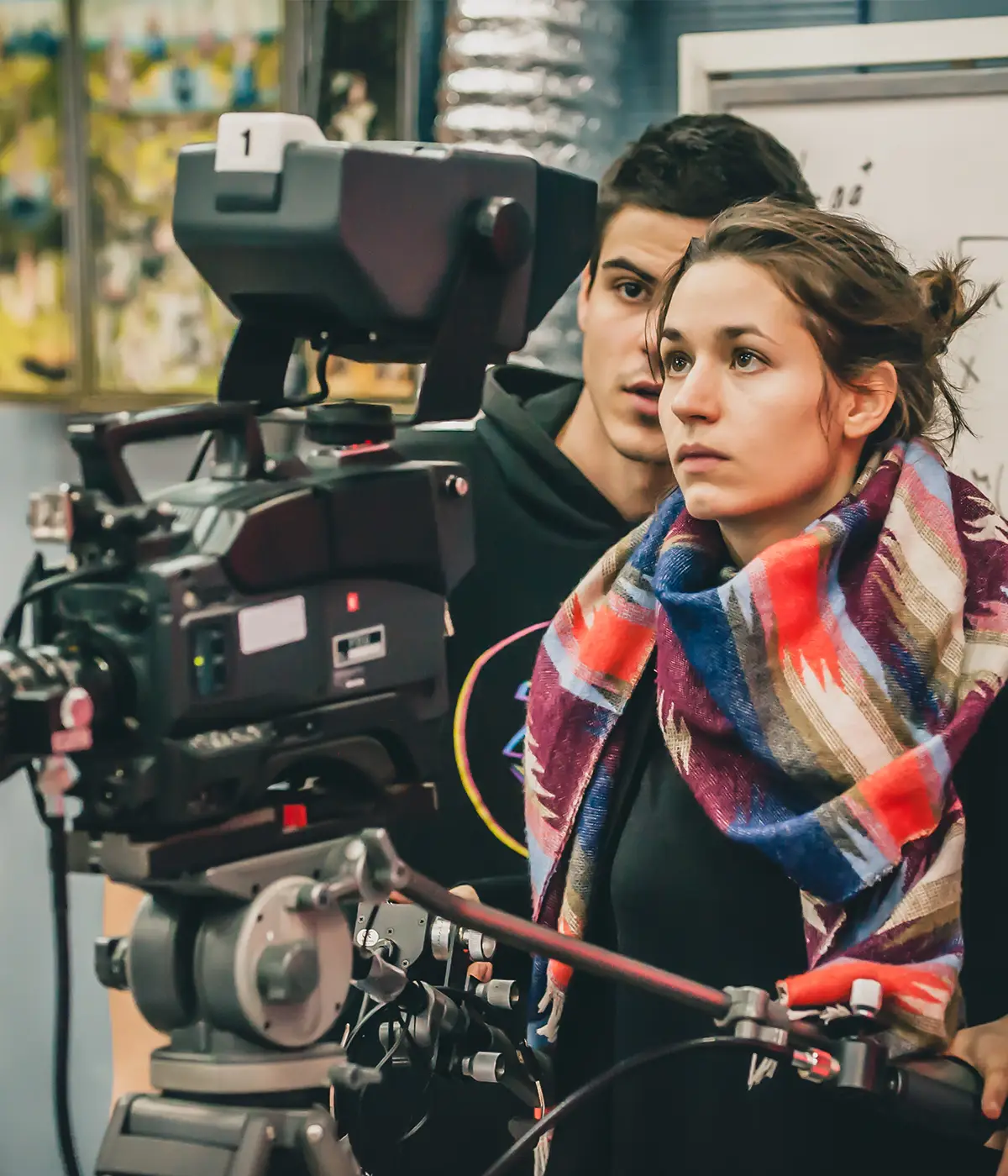 film hero young man and woman filming