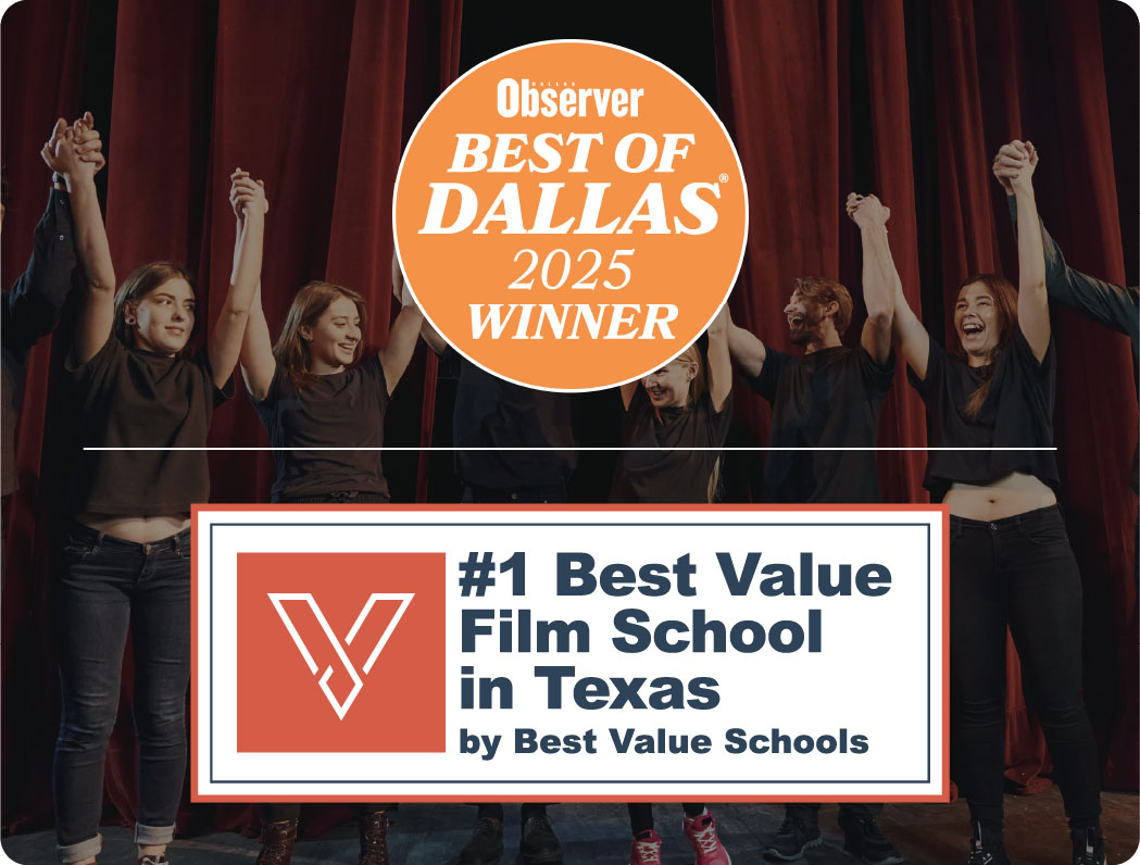 KD_LP_Asset_Accolades_1 A line of actors with hands clasped and raised as if about to take a bow. Superimposed on this image are a badge for Observer Best of Dallas 2025 Winner and one for #1 Best Value Film School in Texas by Best Value Schools